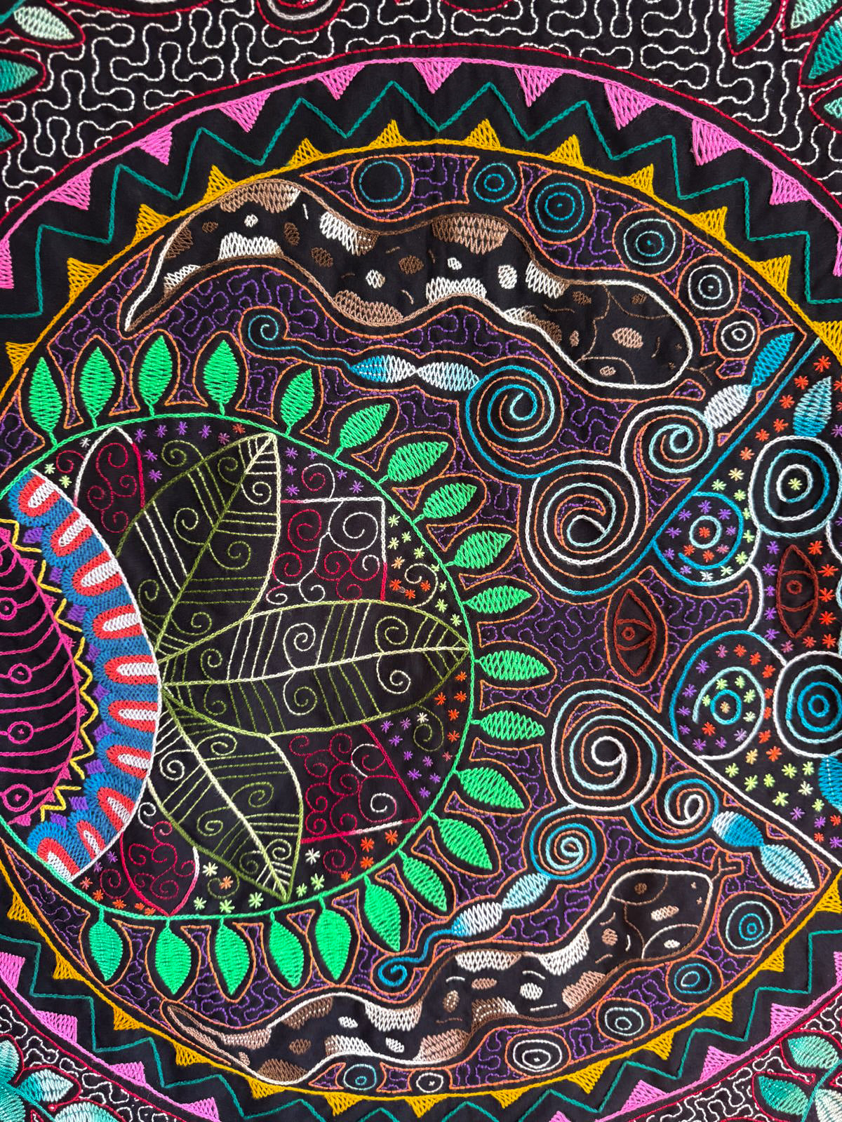 Shipibo Serpent Vision Mandala — Hand-Embroidered Ceremonial Tapestry