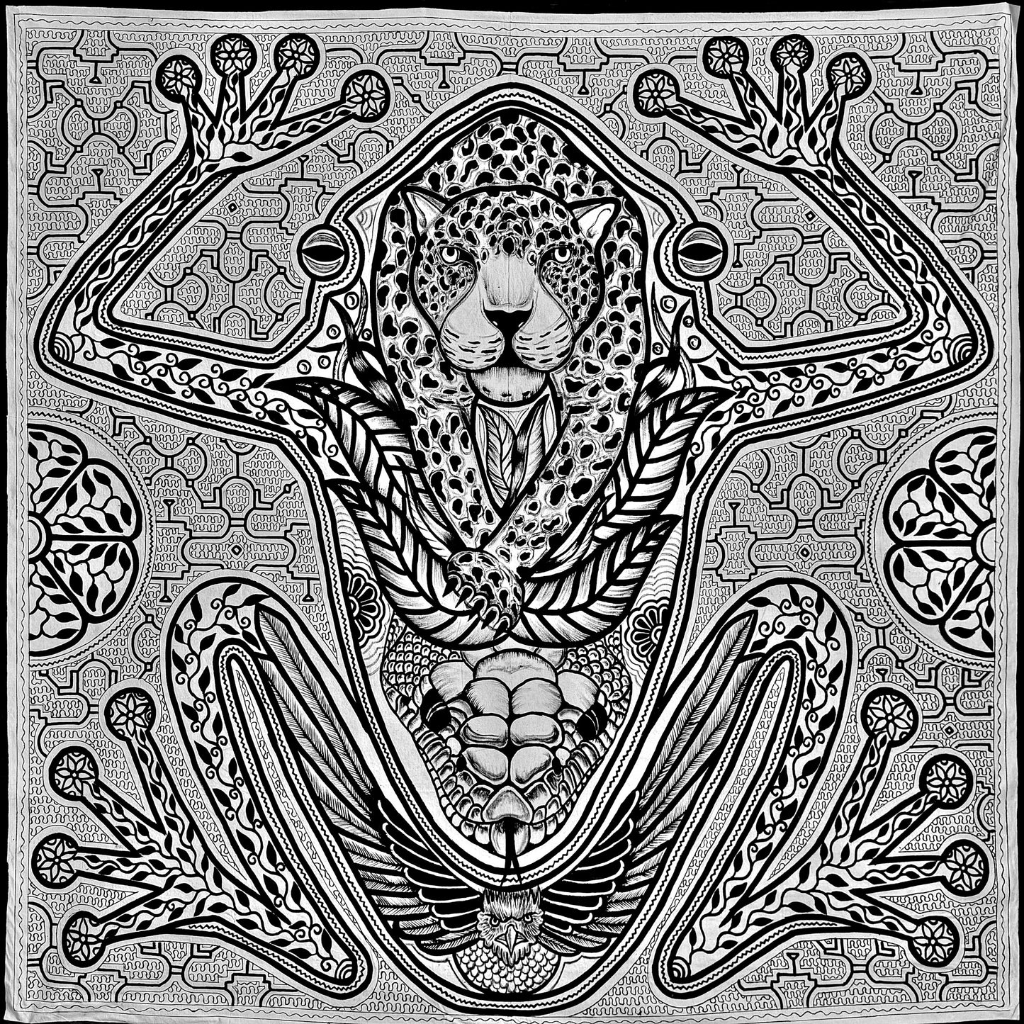 Hand-Painted Shipibo Jaguar & Frog Kene Illustration
