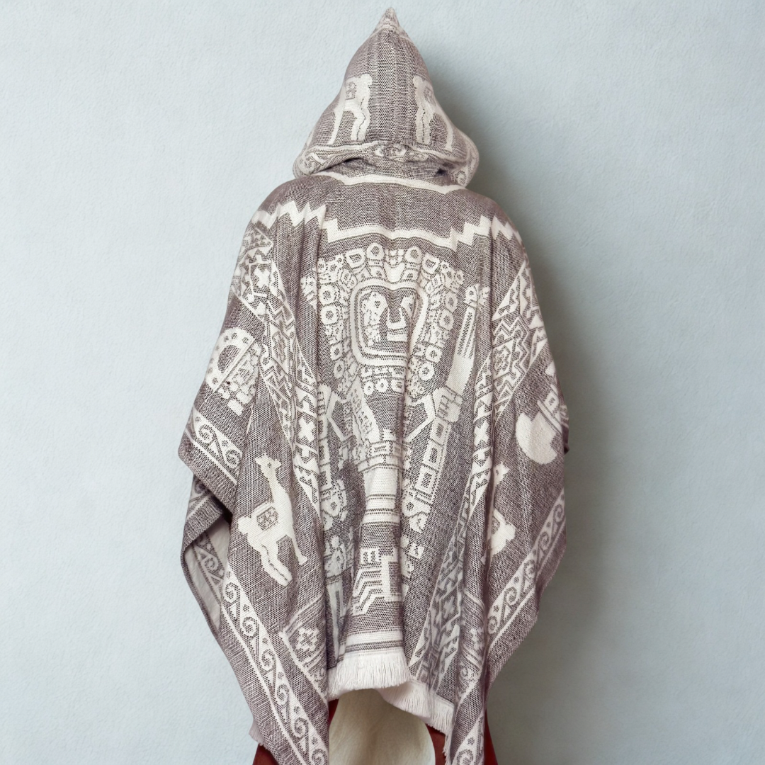 Hooded Poncho – Andean Sun Mask (Stone)