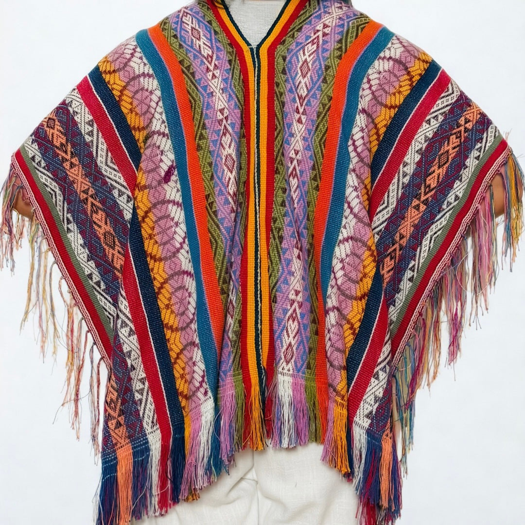 Andean Ceremonial Poncho - Small Burgundy & Orange Woven