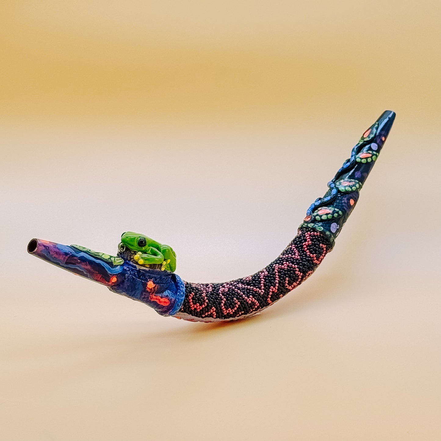 Hand Painted Shipibo Tepi - Frog & Black Pink Beadwork