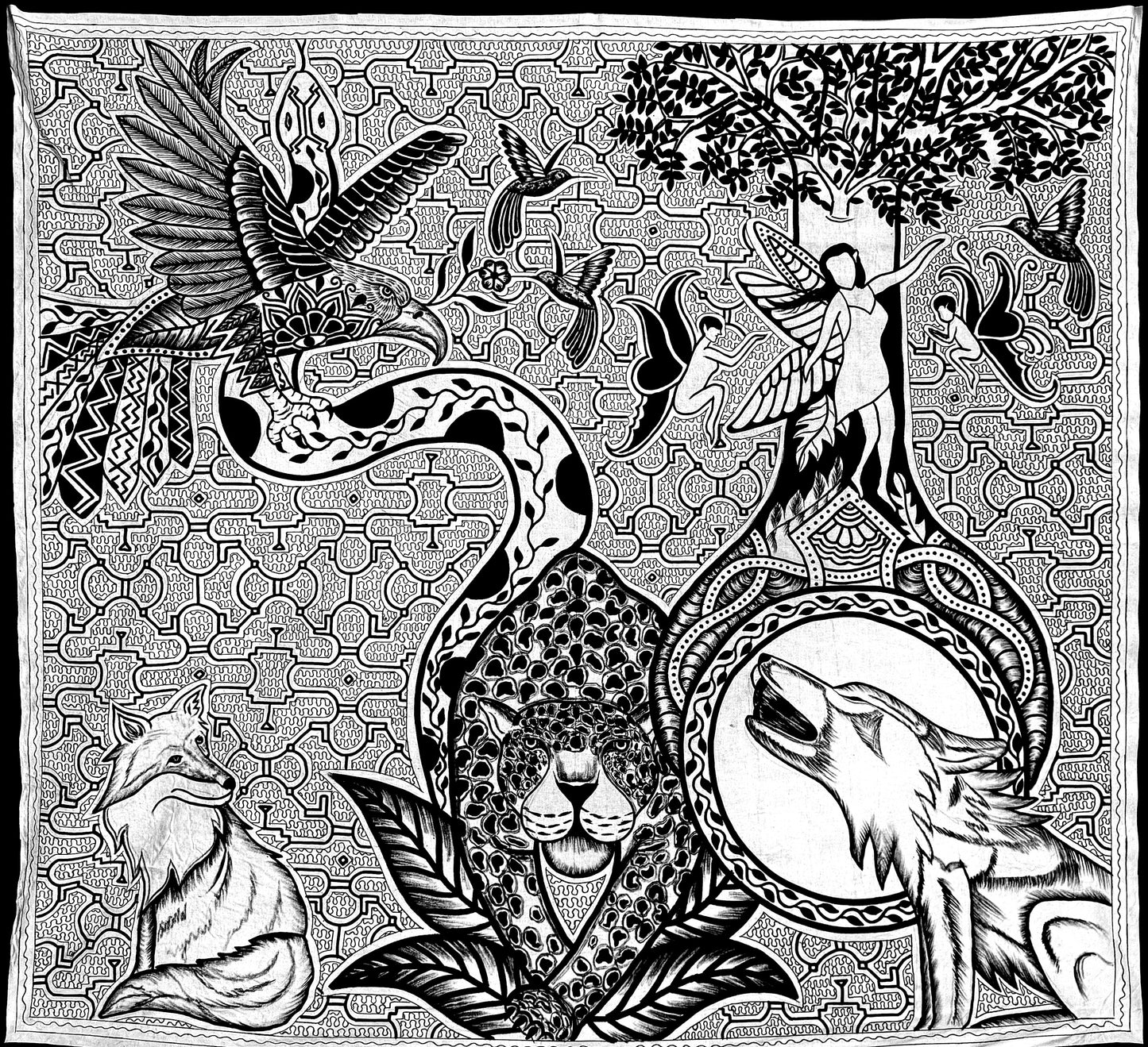 Guardians of the Dream World — Hand-Painted Shipibo Kené Tapestry