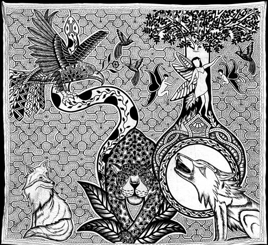 Guardians of the Dream World — Hand-Painted Shipibo Kené Tapestry