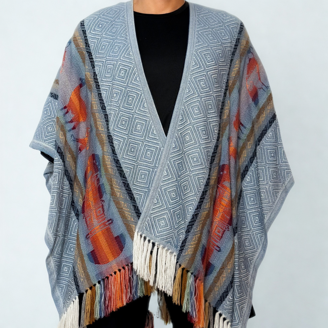Peruvian Light Shawl - Gray Orange Figures