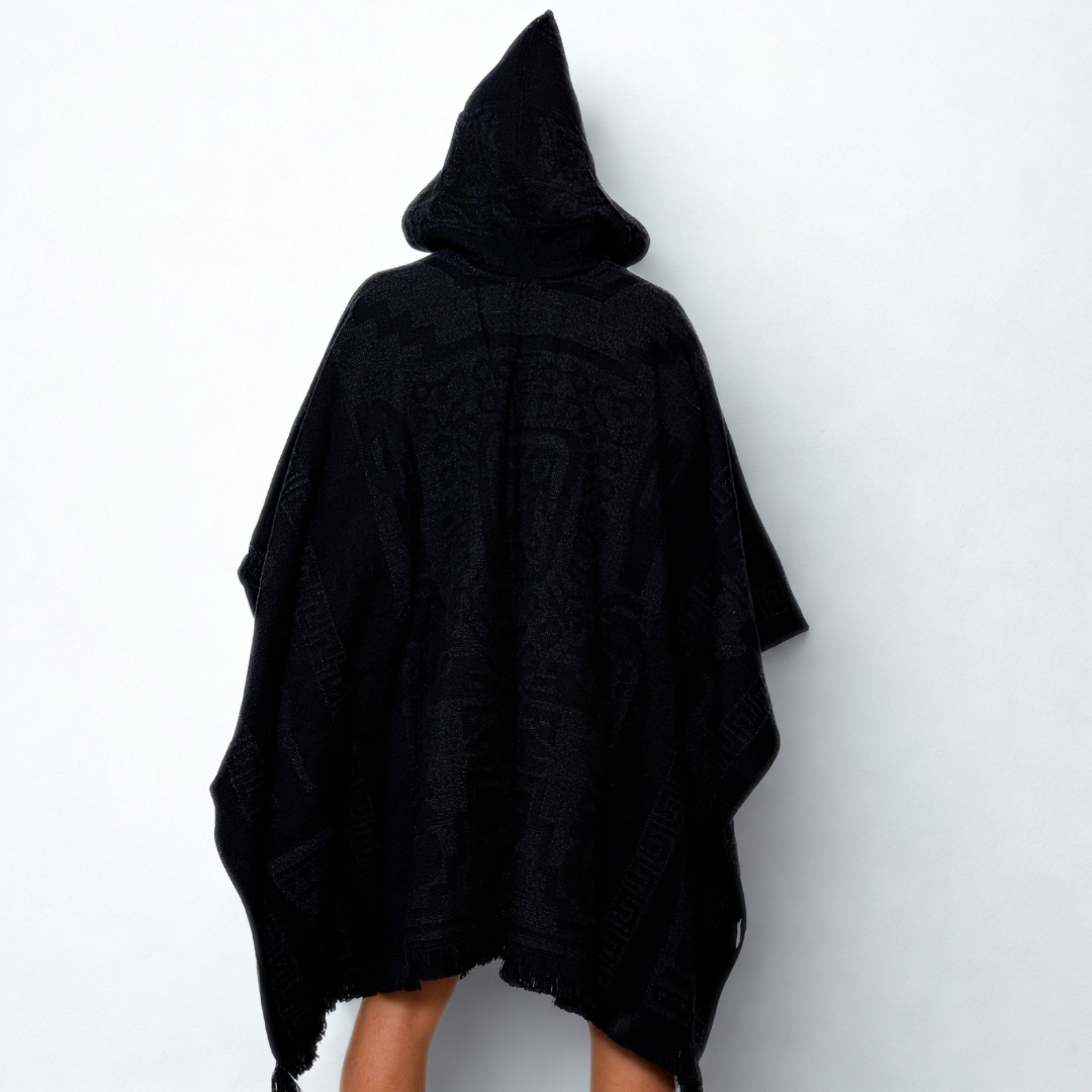 Hooded Poncho – Andean Deity (Black on Black)