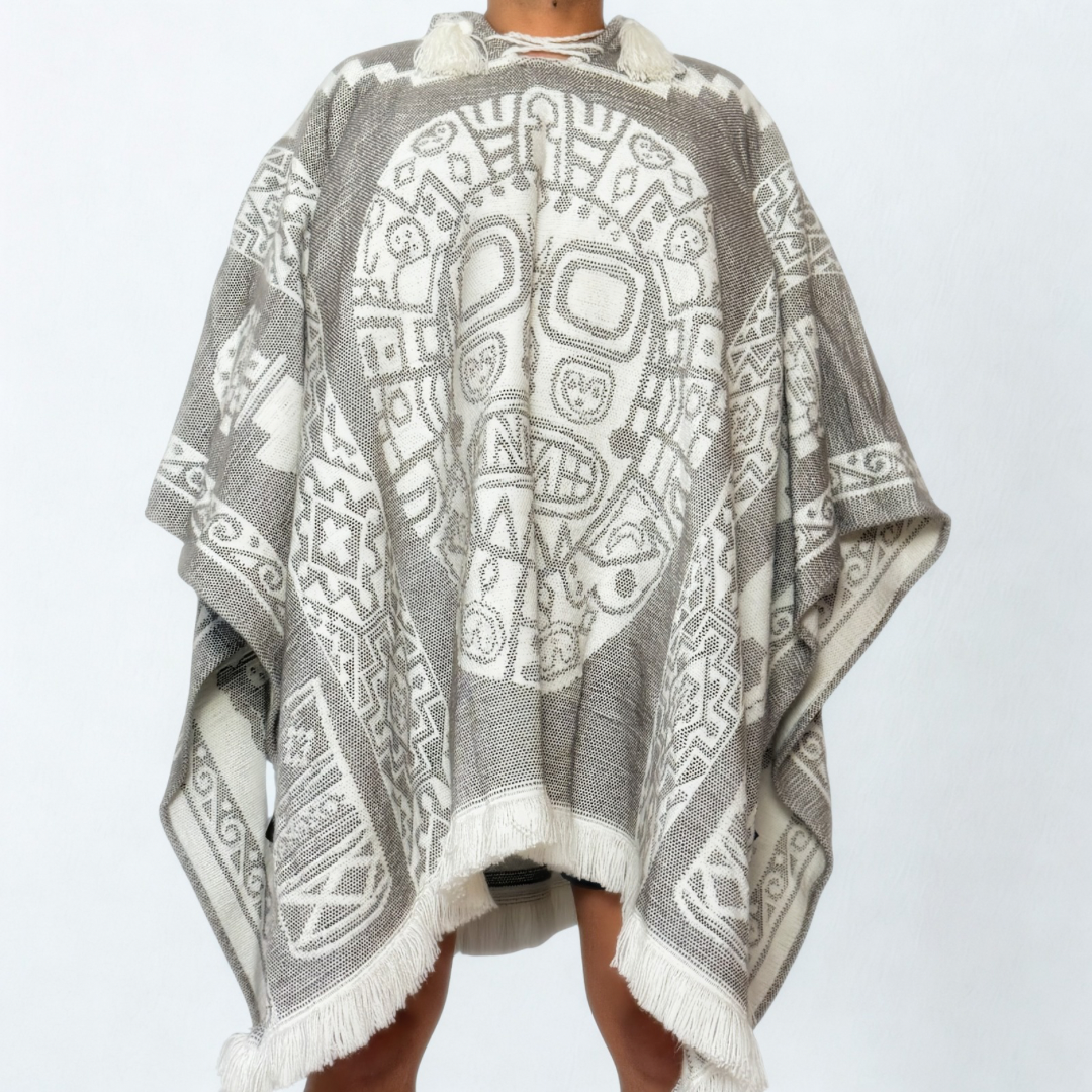 Hooded Poncho – Andean Sun Mask (Stone)