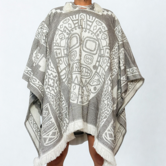 Hooded Poncho – Andean Sun Mask (Stone)