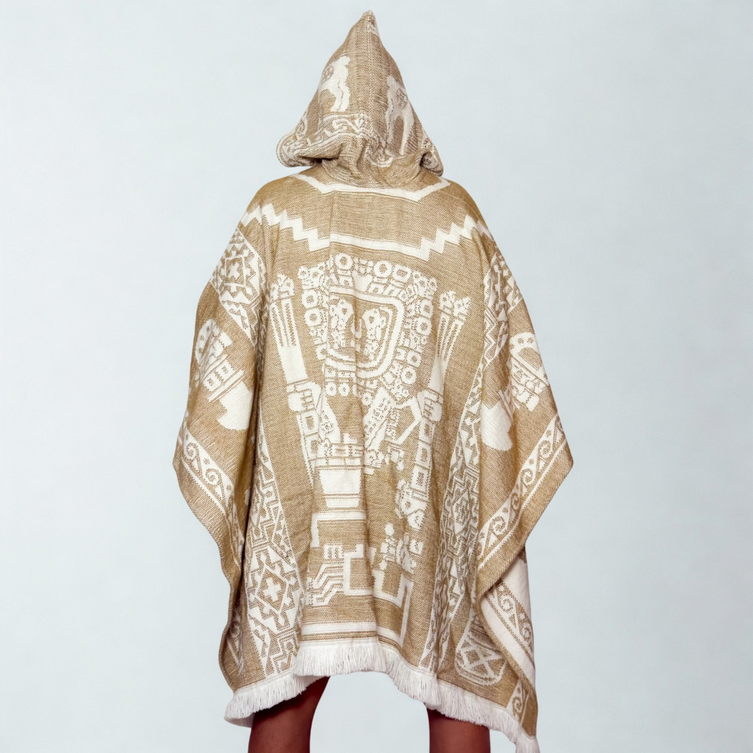 Hooded Poncho – Andean Sun Mask (Sand)