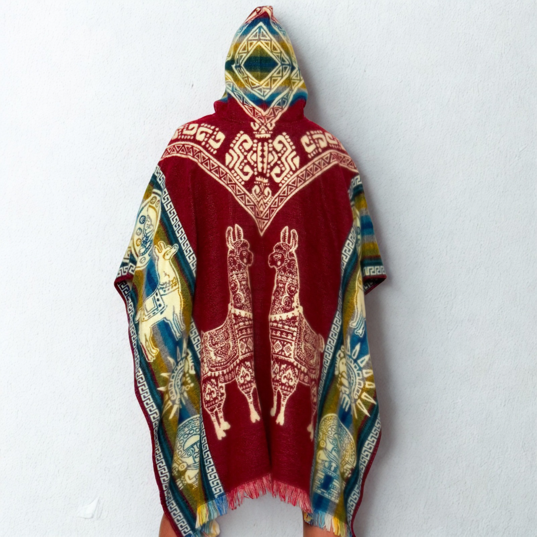Hooded Poncho – Burgundy Llama