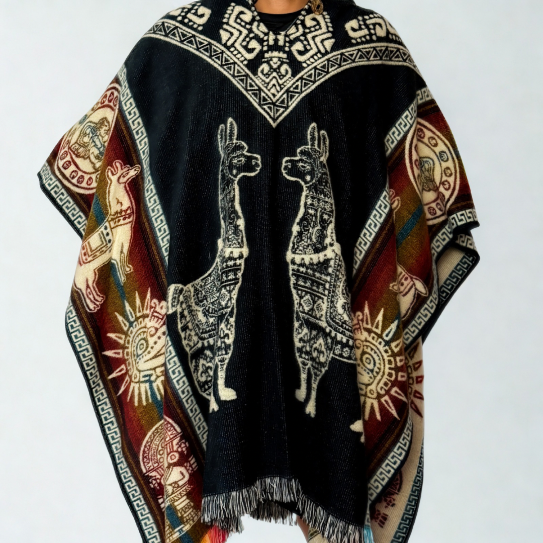 Hooded Poncho – Black Llama