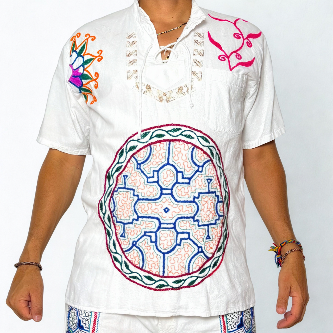 Shipibo Kene Embroidered Shirt - Sacred Mandala - Medium