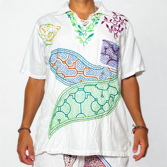 Shipibo Kene Embroidered Shirt - Jaguar -  Medium