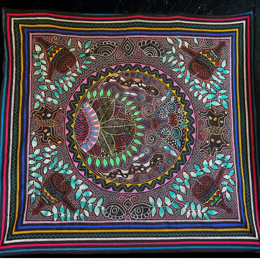 Shipibo Serpent Vision Mandala — Hand-Embroidered Ceremonial Tapestry