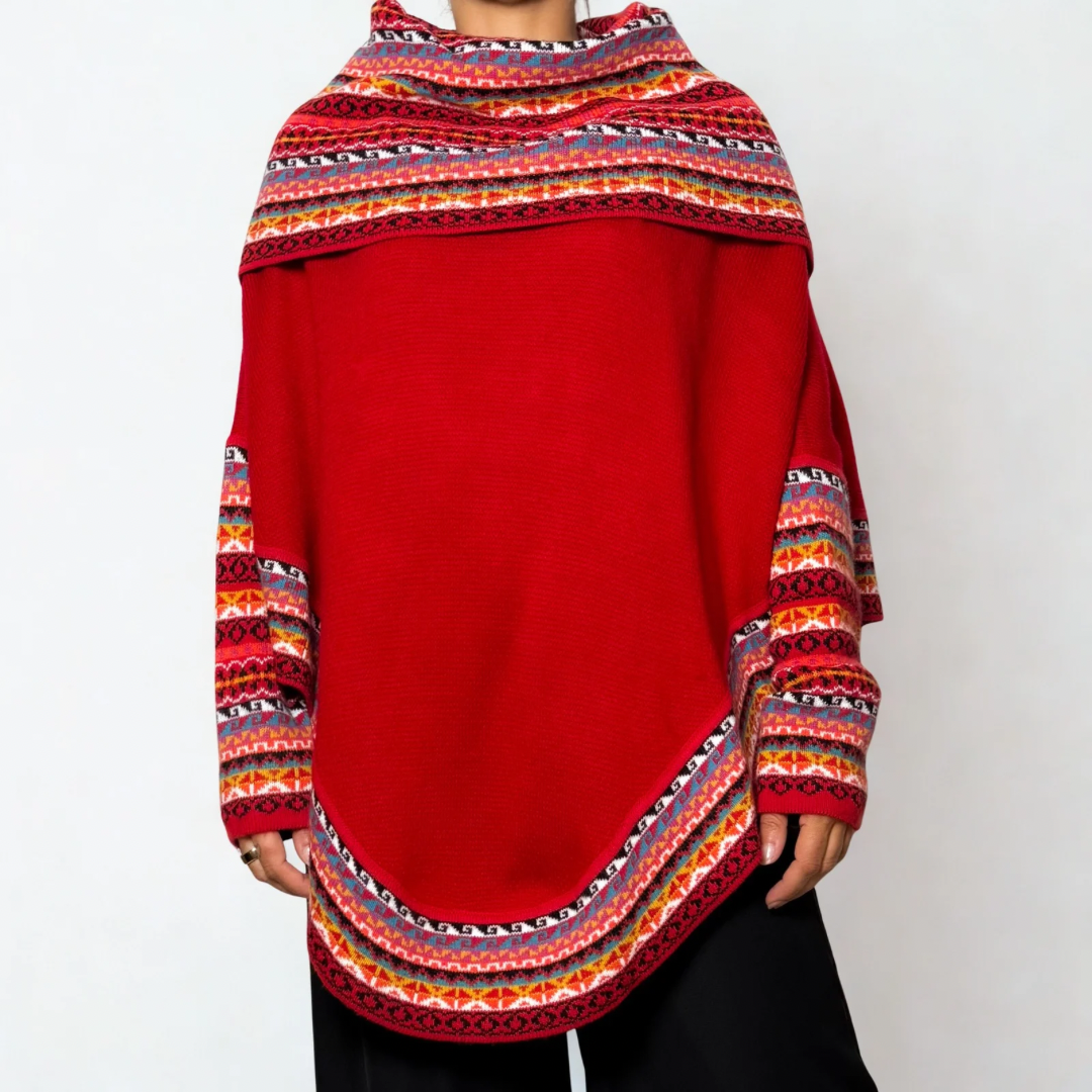 Women's Alpaca Blend Chompa Poncho Sweater - Red