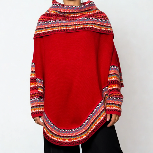 Women's Alpaca Blend Chompa Poncho Sweater - Red