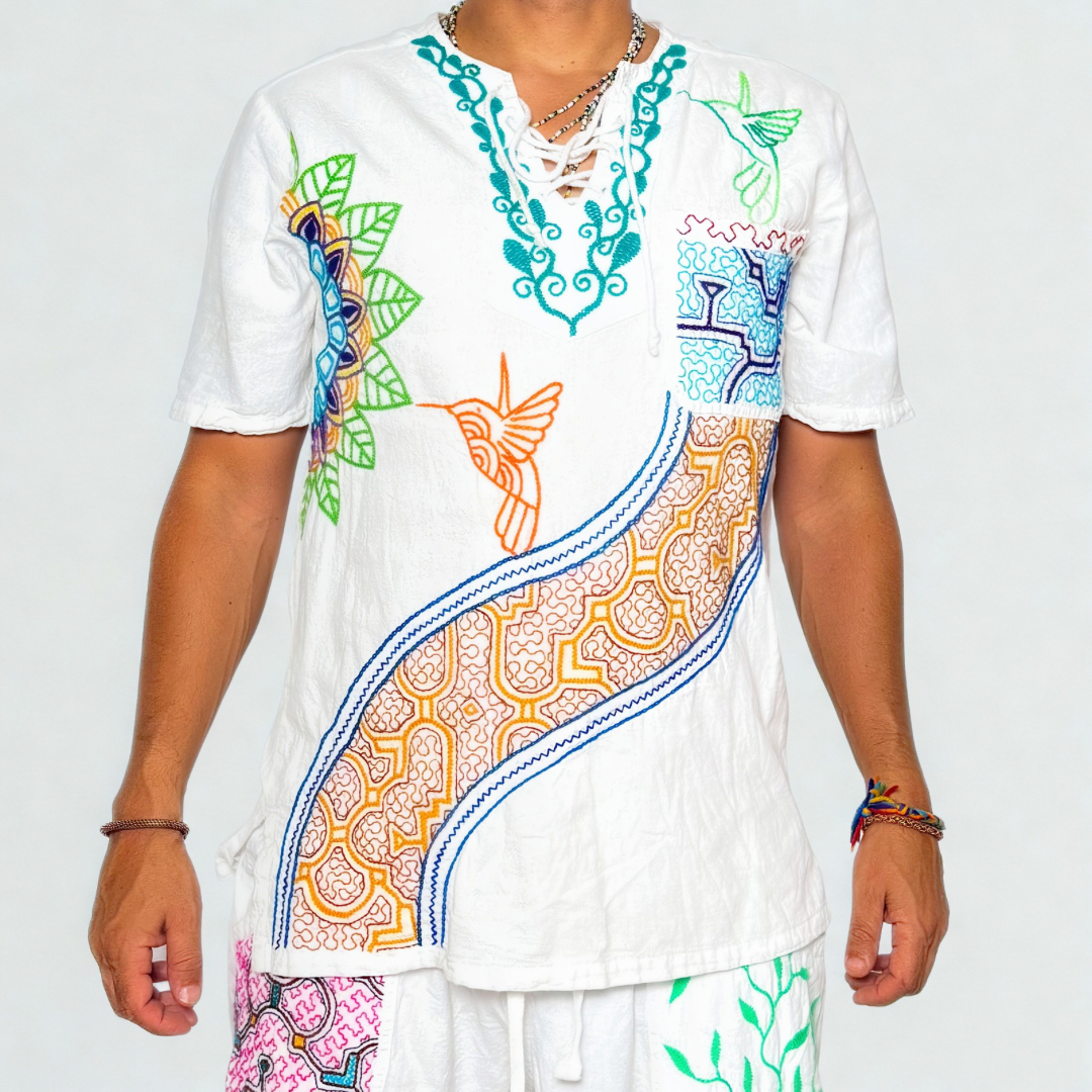 Shipibo Kene Embroidered Shirt - Flower/Humming Bird - Medium