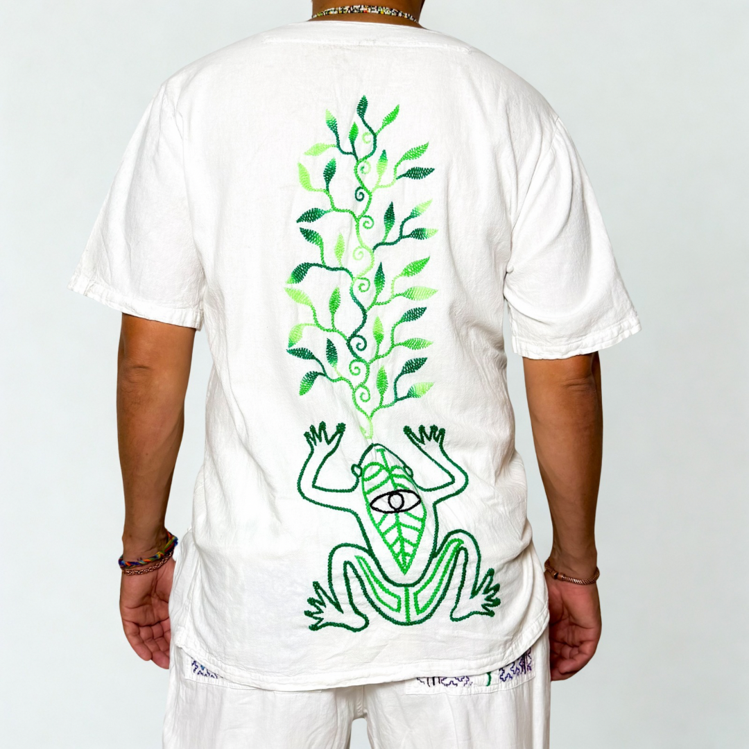 Shipibo Kene Embroidered Shirt - Flower/Humming Bird - Medium