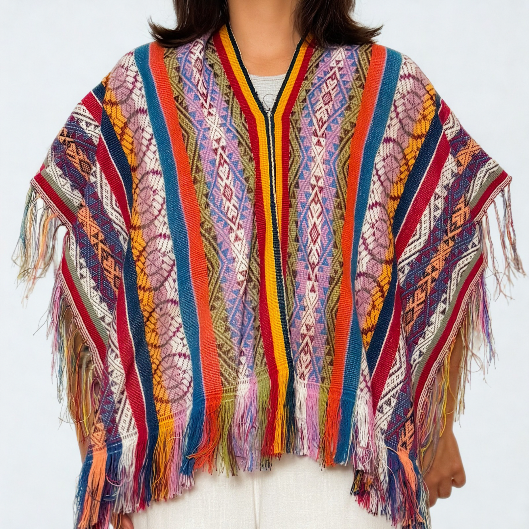 Andean Ceremonial Poncho - Small Burgundy & Orange Woven