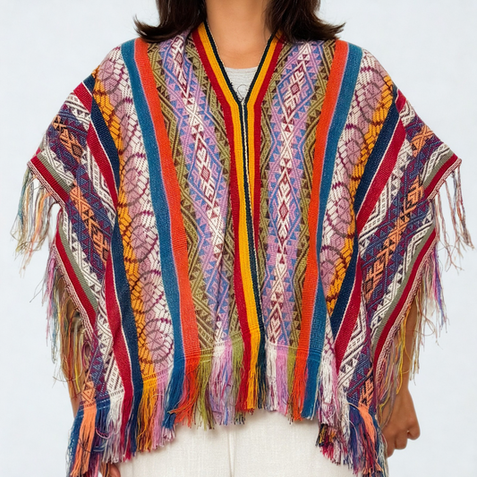 Andean Ceremonial Poncho - Small Burgundy & Orange Woven
