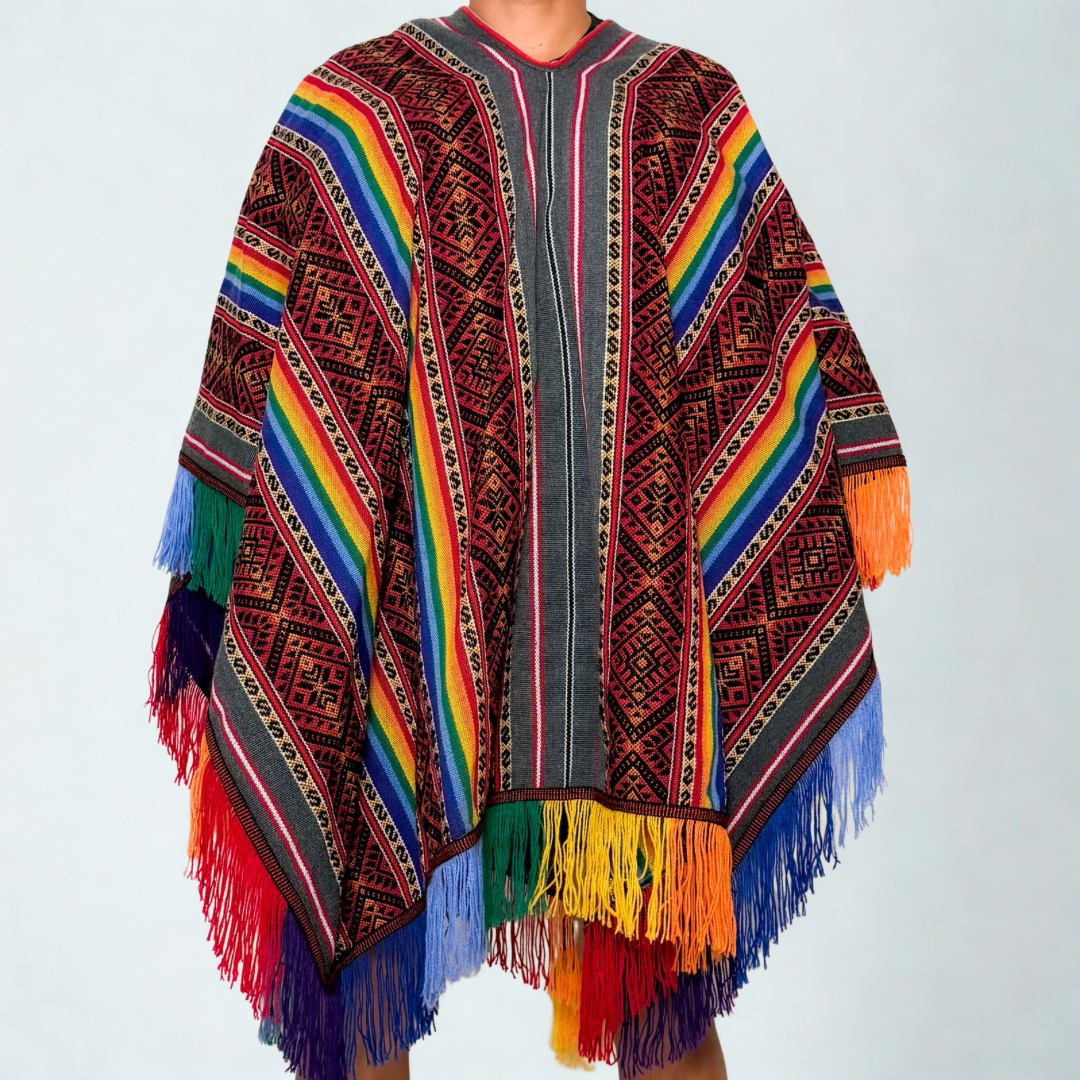 Andean Ceremonial Poncho - Rainbow Red