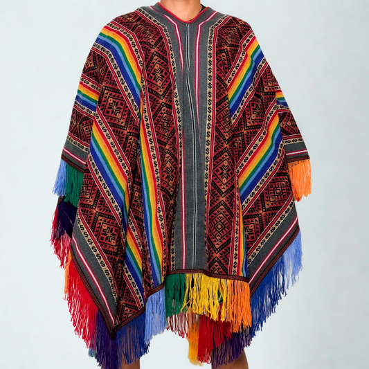 Andean Ceremonial Poncho - Rainbow Red
