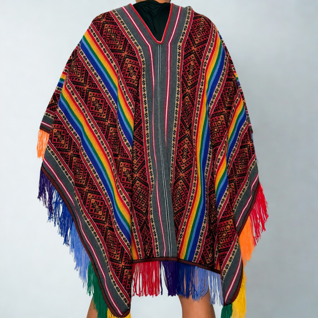 Andean Ceremonial Poncho - Rainbow Red