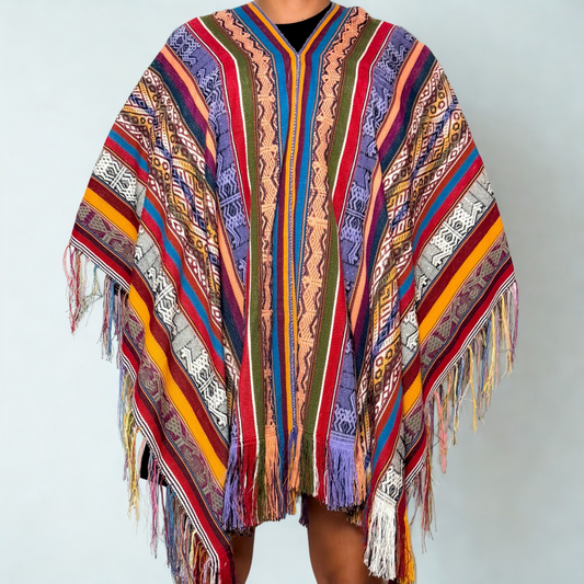 Andean Ceremonial Poncho - Purple & Red Woven
