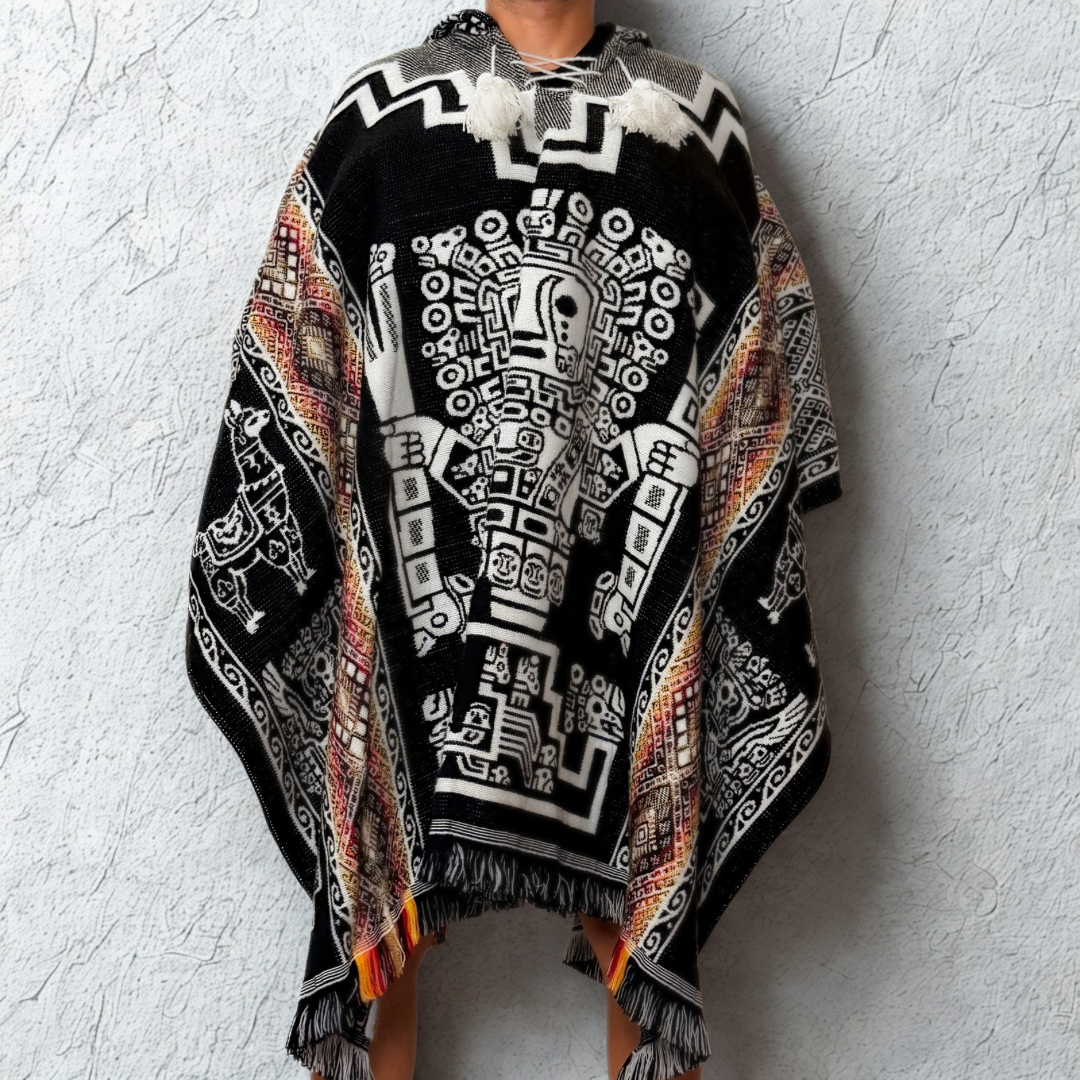 Hooded Poncho Inca Deity Poncho - Black