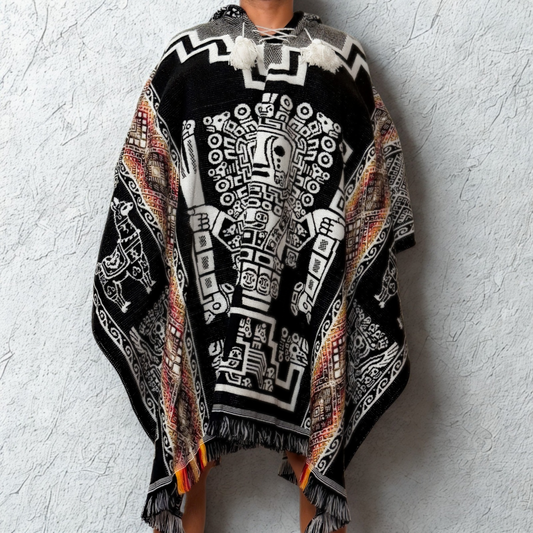 Hooded Poncho Inca Deity Poncho - Black