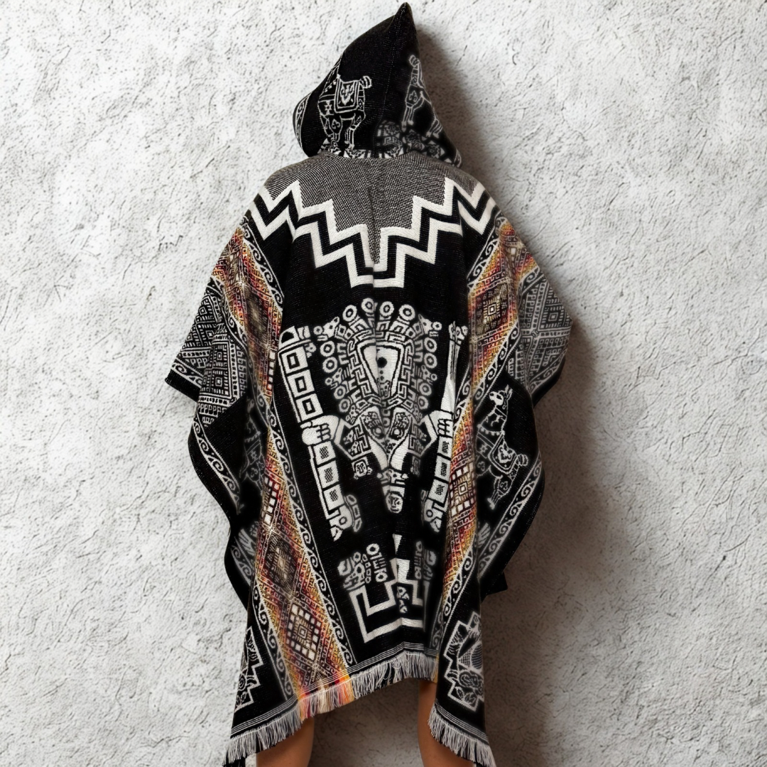 Hooded Poncho Inca Deity Poncho - Black