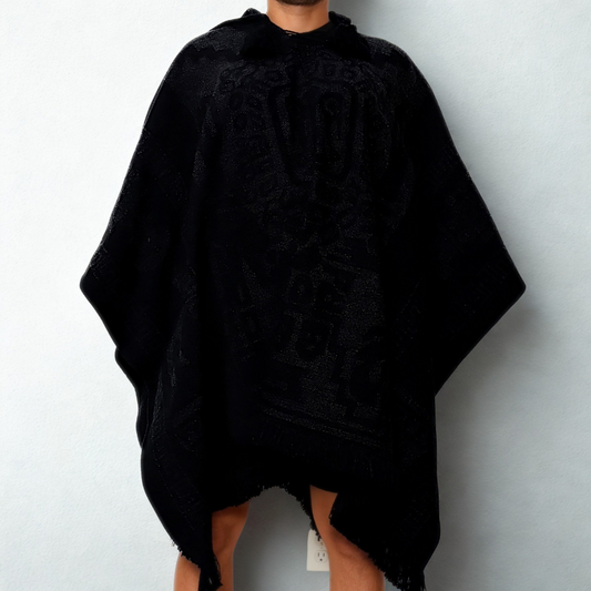Hooded Poncho – Andean Deity (Black on Black)