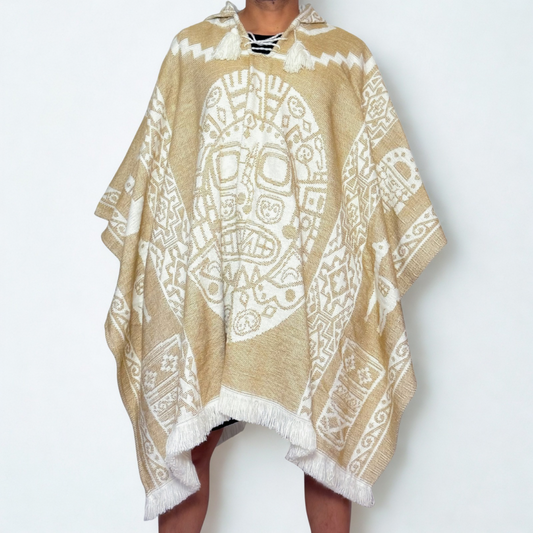 Hooded Poncho – Andean Sun Mask (Sand)