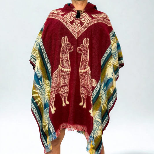 Hooded Poncho – Burgundy Llama