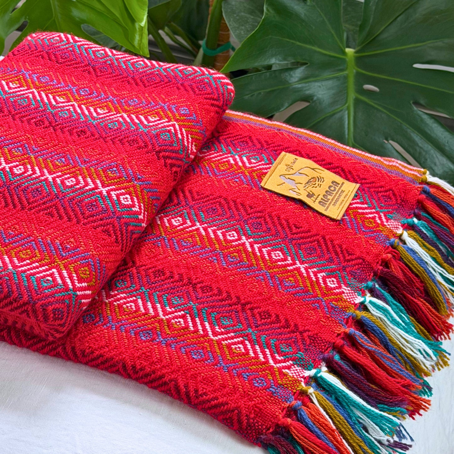 Andean Blanket No. 02 - handwoven red diamond weave