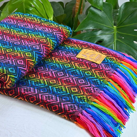 Andean Blanket No. 06 - handwoven dark rainbow diamond weave
