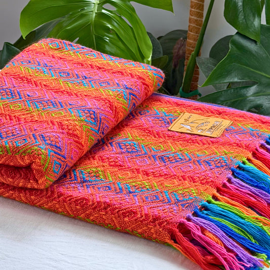 Andean Blanket No. 07 - handwoven red and orange diamond weave