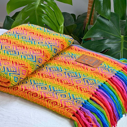 Andean Blanket No. 08 - handwoven yellow and orange diamond weave