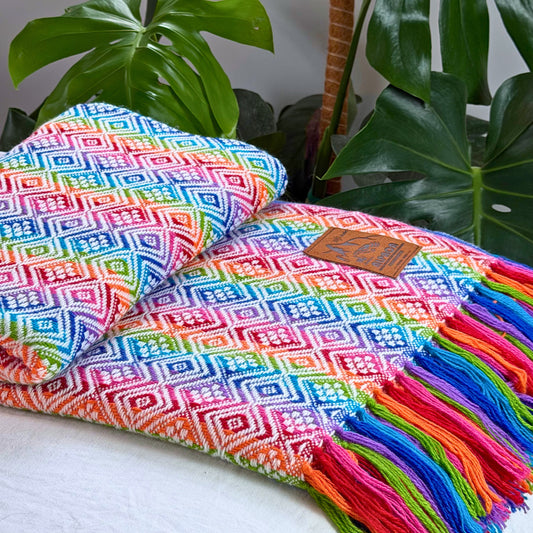 Andean Blanket No. 10 - handwoven pastel rainbow diamond weave
