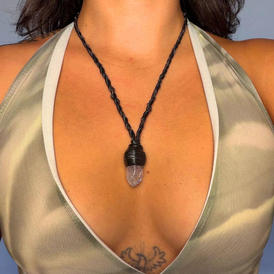 Wrapped Milky Quartz crystal talisman worn