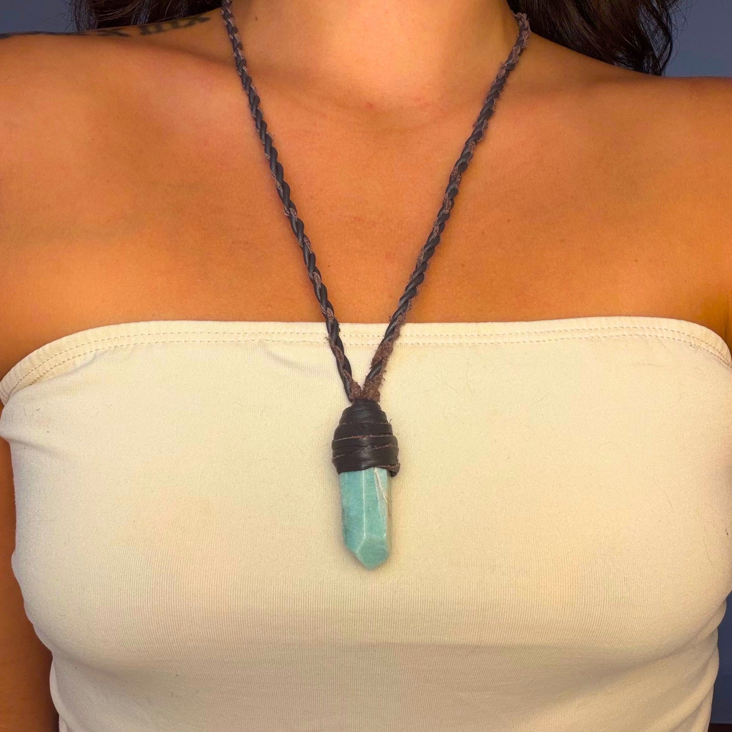 Wrapped Amazonite crystal talisman worn
