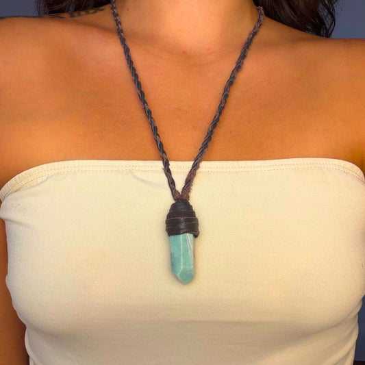 Wrapped Amazonite crystal talisman worn