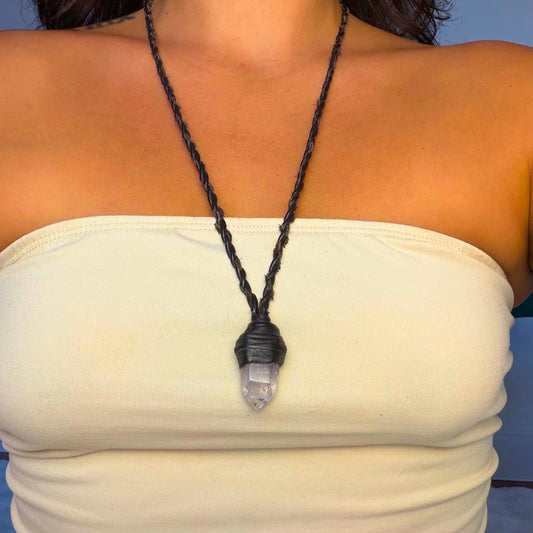 Wrapped Lavender Quartz crystal talisman worn